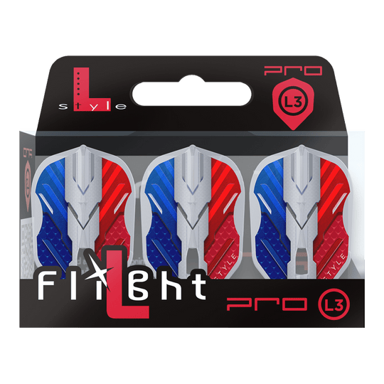 L-Style V-Series V1 Type B France Clear White L3PRO Flights Das Bild zeigt eine Verpackung mit drei Dartflights der Marke L-Style in den Farben Blau, Weiß und Rot. Auf der Verpackung steht "Flight L Pro L3", und die Flights haben ein modernes, kantiges Design.