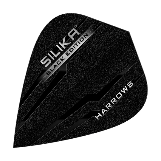Das Bild zeigt ein Harrows Silika Black-Edition Kite Flight in schwarzem Design. Auf der Oberfläche stehen die Wörter "Silika Black Edition" und "Harrows" in silberner Schrift.