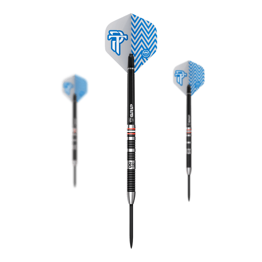 Die Bulls Challenger Patrick Tringler Steeldarts mit 21g Gewicht sind abgebildet. Dieses Set ist speziell für Steeldart-Enthusiasten geeignet.