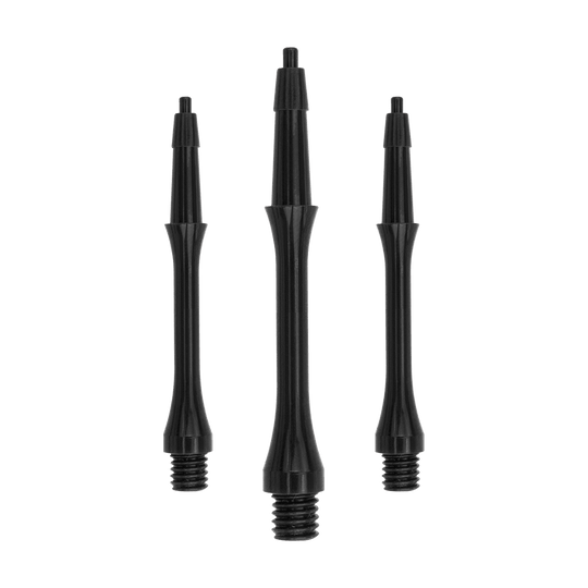 HRC-12602_Harrows_Clic_Slim_Shafts_Black_23mm_1HX3hrRgn7eKSK Das Bild zeigt drei schwarze Harrows Clic Slim Shafts für Dartpfeile. Die Shafts sind schlank und aus robustem Material gefertigt.