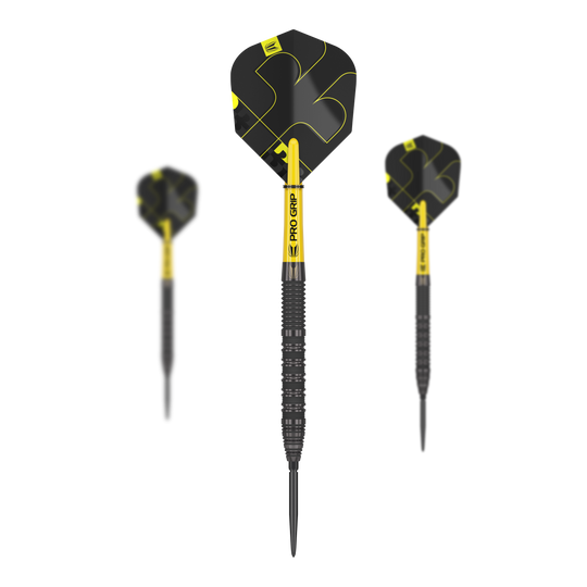 Target Bolide Void 01 Swiss Point Steeldarts Das Bild zeigt drei Steeldarts des Produkts "Target Bolide Void 01 Swiss Point". Die Darts sind in Schwarz und Gelb gehalten und haben einen modernen, sportlichen Look.