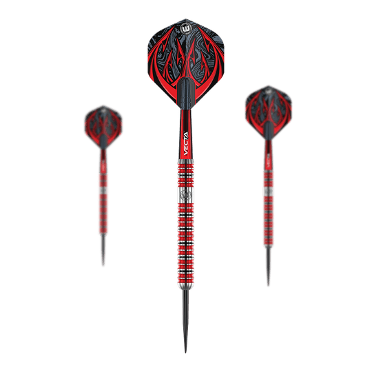 Winmau Diablo Parallel Steeldarts Das Bild zeigt drei Steeldarts mit auffälligen roten und schwarzen Mustern. Die Flights haben ein Flammen-Design und die Schäfte sind rot-weiß gestreift.