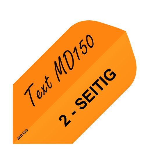 Das Bild zeigt einen neonorangen Dartflight mit schwarzer Aufschrift. Auf dem Flight steht "Text MD150" und "2-SEITIG".