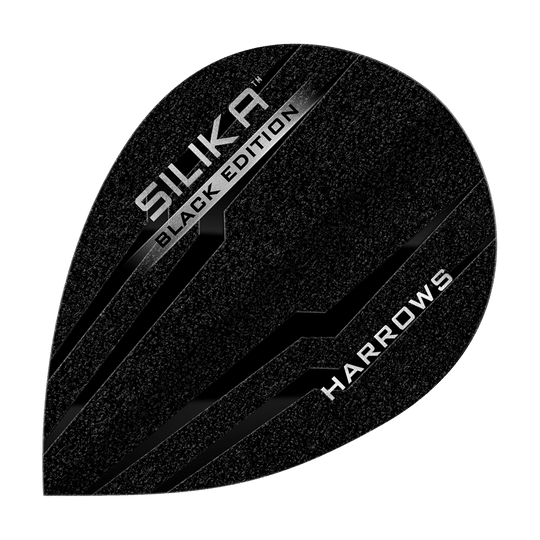 Dieses Bild zeigt das Produkt "Harrows Silika Black-Edition Pear Flights". Die Flights sind schwarz mit silbernen Akzenten und dem Text "SILIKA BLACK EDITION" sowie "HARROWS" darauf.