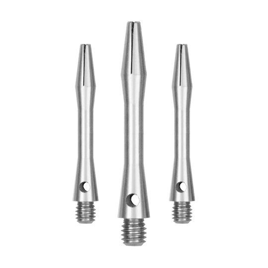 517_Aluminium_Shafts_Silber_35mm_1 Das Bild zeigt drei silberne Aluminiumschäfte in verschiedenen Längen. Sie haben ein Schraubgewinde an einem Ende und eine schlanke, glatte Oberfläche.