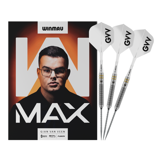 Winmau Gian Van Veen W-MAX Switch Point steel darts Das Bild zeigt Winmau Gian Van Veen W-MAX Switch Point Steeldarts in voller Länge. Alle Details des Darts sind sichtbar.