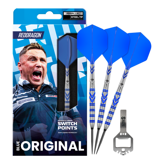 Red Dragon Gerwyn Price Blue Original Switch Point Steeldarts Das Bild zeigt die Red Dragon Gerwyn Price Blue Original Switch Point Steeldarts. Es handelt sich um hochwertige Steeldarts mit blauem Design.
