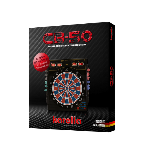 Elektronische Dartscheibe Karella CB 50 Turnierausführung Die Abbildung zeigt die Produktverpackung der elektronischen Dartscheibe Karella CB 50 Turnierausführung. Auf der Verpackung sind Informationen wie „27 Spiele, 159 Varianten“ und „Designed in Germany“ zu sehen.