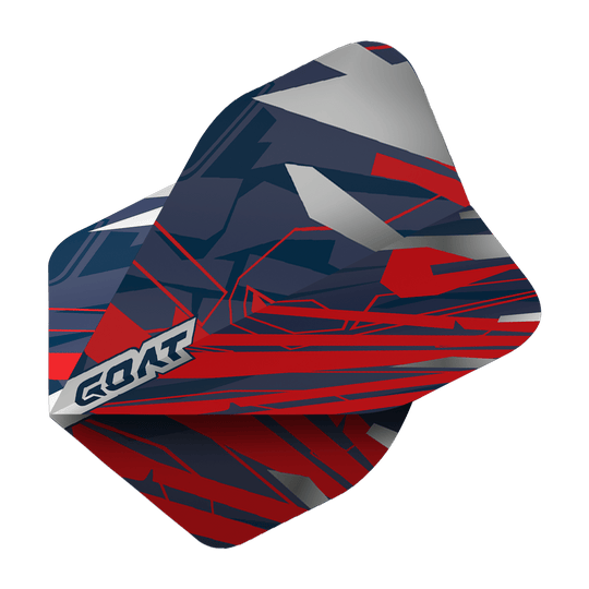 Das Bild zeigt das Produkt „GOAT Homerun No2 Standard Flights“. Die Dartflights haben ein modernes, abstraktes Design in Rot, Blau und Grau mit dem GOAT-Logo an der Seite.