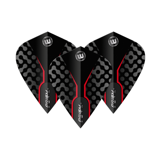 Winmau Zeta Black Red Kite Flights Das Bild zeigt drei Winmau Zeta Black Red Kite Flights. Sie sind schwarz mit roten Linien und einem auffälligen Muster in Grau.