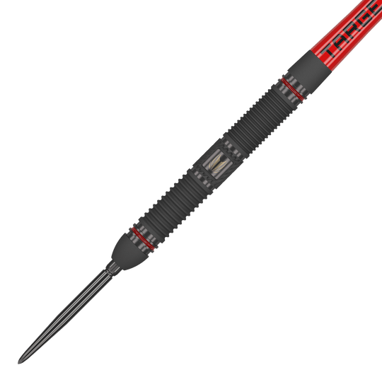 Target Scope 01 Swiss Point steel darts Das Bild zeigt einen Steeldart namens "Target Scope 01 Swiss Point". Der Dart hat ein schwarzes, geriffeltes Griffstück mit roten Akzenten und einer silbernen Spitze.