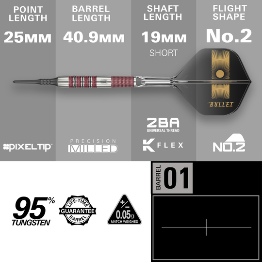 Das Bild zeigt die Softdarts "Target Stephen Bunting 95K" mit einem Gewicht von 19g. Die wichtigsten Maße sind 25 mm Spitzenlänge, 40,9 mm Barrel-Länge und 19 mm Schaftlänge.
