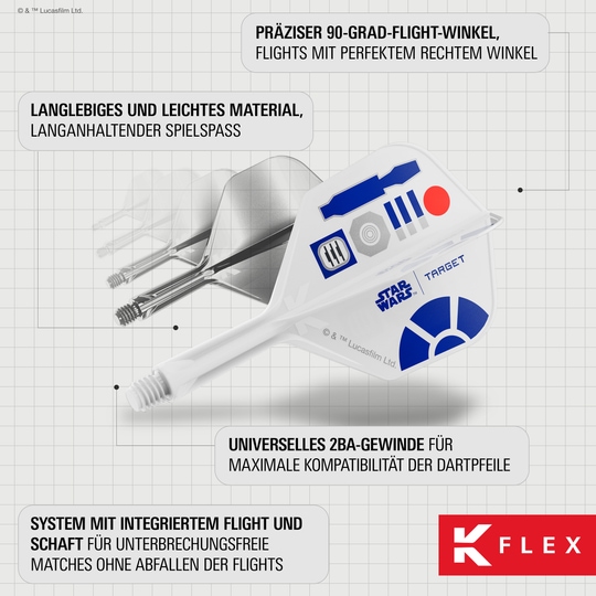 Target Star Wars K-Flex R2D2 No6 Flights Das Bild zeigt die Target Star Wars K-Flex R2D2 No6 Flights. Sie sind eine dekorative Ergänzung für jeden Dartpfeil im Star Wars Look.