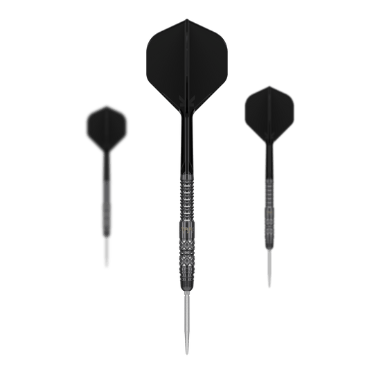 Target Japan Black Marque Creed Swiss Point Steel Darts - 23g Hier sieht man die Target Japan Black Marque Creed Swiss Point Steeldarts - 23g als komplettes Set. Die Darts haben ein modernes Design in Schwarz.