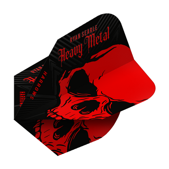 Harrow's Ryan Searle Heavy Metal No6 Flights Das Bild zeigt das Produkt "Harrows Ryan Searle Heavy Metal No6 Flights". Die Flights sind schwarz und rot gestaltet und zeigen einen auffälligen Totenkopf mit dem Schriftzug "Heavy Metal".