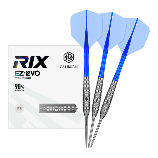 Caliburn Rix EZ-EVO R3 steel darts Dieses Bild zeigt die Caliburn Rix EZ-EVO R3 Steeldarts in voller Ansicht. Das Produkt ist auf Präzision und Balance ausgelegt.