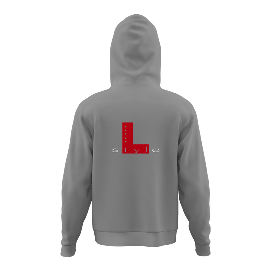 L-Style Hoodie - Grey Der Hoodie ist grau und hat auf der Rückseite ein großes rotes "L" mit dem Wort "style" darunter. Das Design ist schlicht und modern gehalten.
