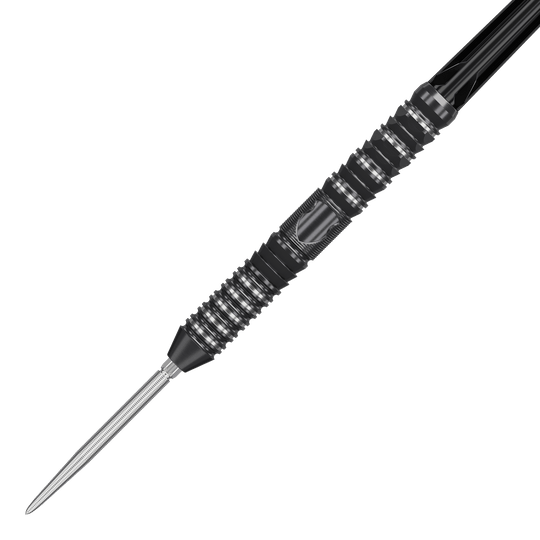 Das Bild zeigt einen Target Japan Black Marque Draco GEN2 Steeldart. Der Dartpfeil ist schwarz mit silbernen Rillen und hat ein modernes, strukturiertes Design.