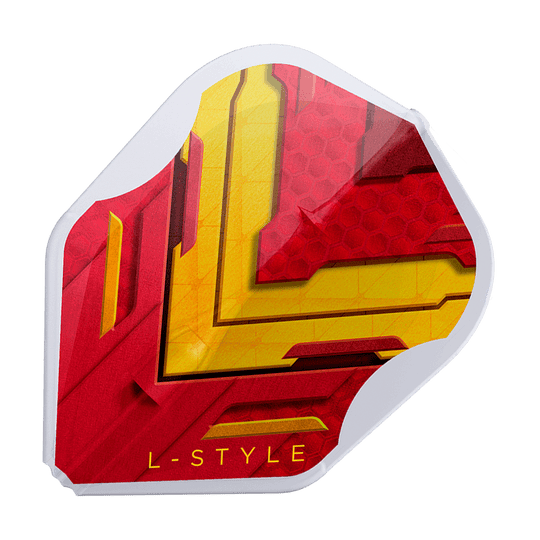 Dies ist ein L-Style V-Series V1 Type A Spain Clear White L3EZ Flight. Das Design ist rot und gelb mit einem weißen Rand und der Aufschrift "L-STYLE".