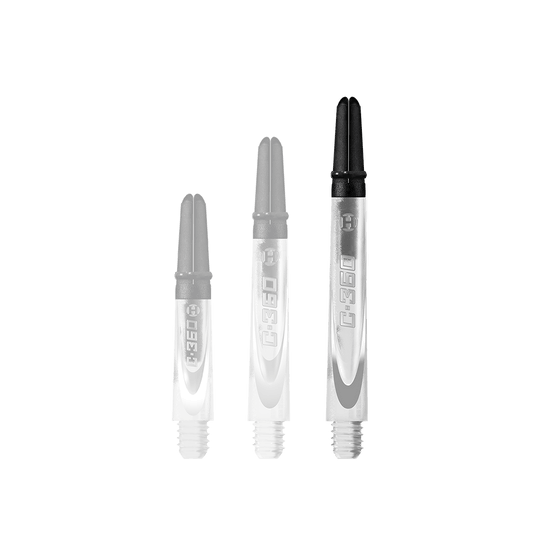 HR448_Harrows_Carbon_360_Shafts_Clear_49mm_1 Das Bild zeigt drei durchsichtige Dartschäfte mit schwarzem oberen Ende. Sie sind unterschiedlich lang und tragen die Aufschrift "C.360".