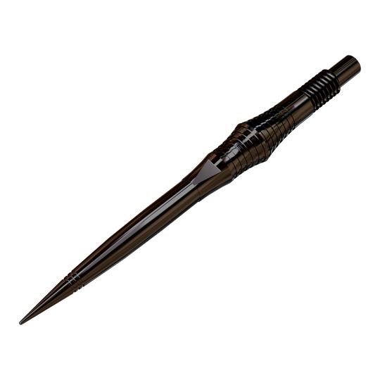 Harrows Quick Point Spire Elite Series Dart Tips - Black Zu sehen sind schwarze Dartspitzen, die auf einer ebenen Fläche ausgebreitet sind. Die Spitzen werden aus einer leicht schrägen Perspektive präsentiert.