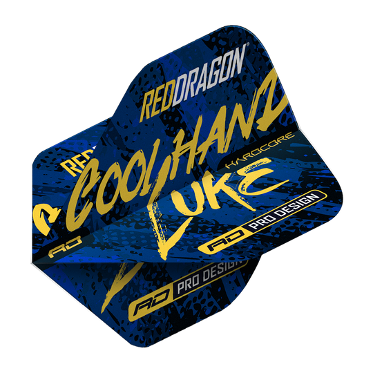 TF6864_Red_Dragon_Hardcore_Luke_Humphries_Signature_Blue_Standard_Flights_2 Auf dem Bild sind die Red Dragon Hardcore Luke Humphries Signature Blue Standard Flights zu sehen. Die Flights sind überwiegend blau mit gelber und weißer Schrift gestaltet.