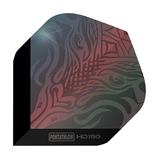 Pentathlon HD150 Metallic Gray Standard Flights Dies ist ein Pentathlon HD150 Metallic Grau Standard Flight für Darts. Das Flight hat ein abstraktes Muster in metallicfarbenen Grau- und Rottönen.
