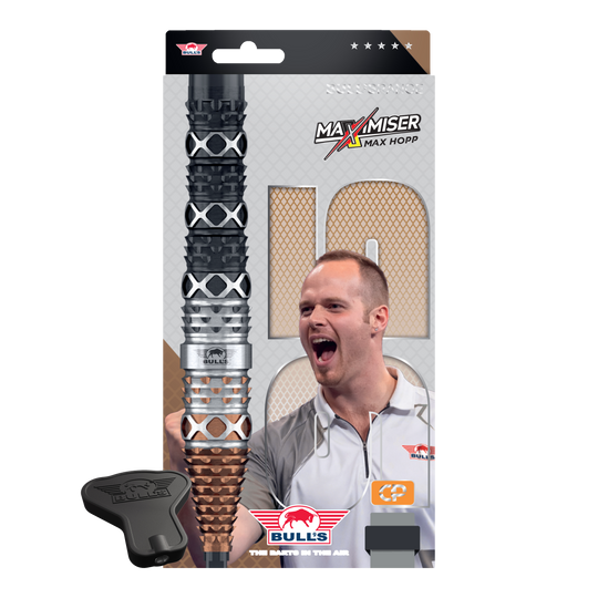 Abbildung der Bulls NL Max Hopp 95% Convertible Points Steeldarts. Die Darts sind detailreich gezeigt und richten sich an Dart-Enthusiasten.