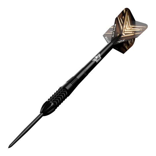 Bulls NL Caliber Black steel darts Dieses Bild zeigt den Bulls NL Caliber Black Steeldart. Der Dartpfeil ist schwarz und hat ein auffälliges Design auf den Flights.