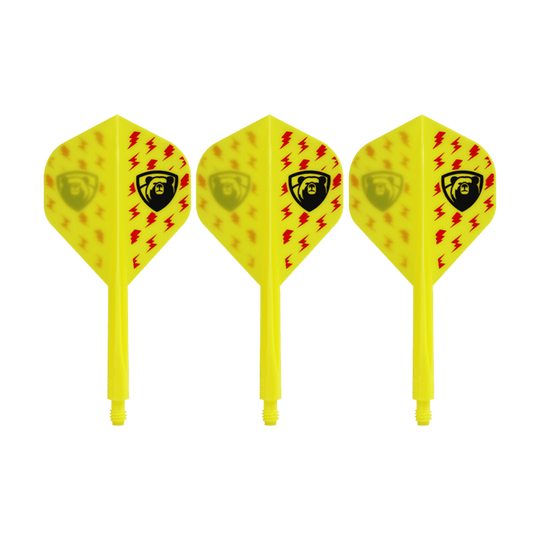 Auf dem Bild sind drei gelbe Dart-Flights mit roten Blitzsymbolen und einem schwarzen Bären-Logo zu sehen. Es handelt sich um das Produkt "Condor AXE Thunderbolt Yellow Flight-System - Standard".