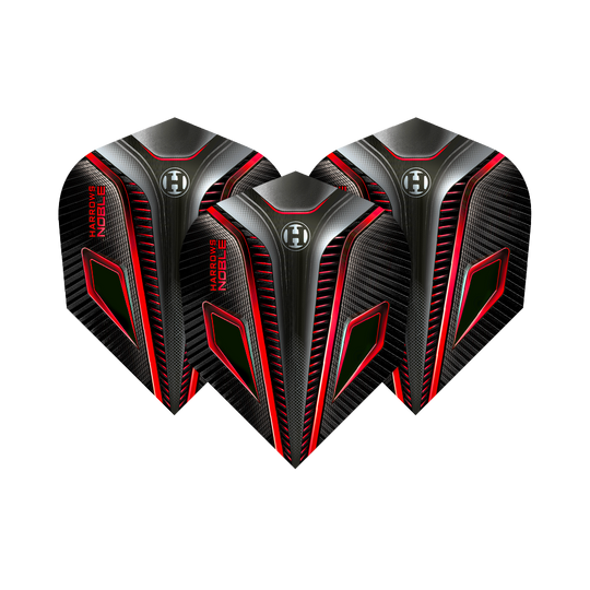 HR6_Harrows_Noble_Red_Standard_Flights_1gwtaicXWTQLK4 Das Bild zeigt drei Harrows Noble Red Standard Flights für Dartpfeile. Sie sind schwarz mit roten und silbernen Akzenten und einem modernen, futuristischen Design.