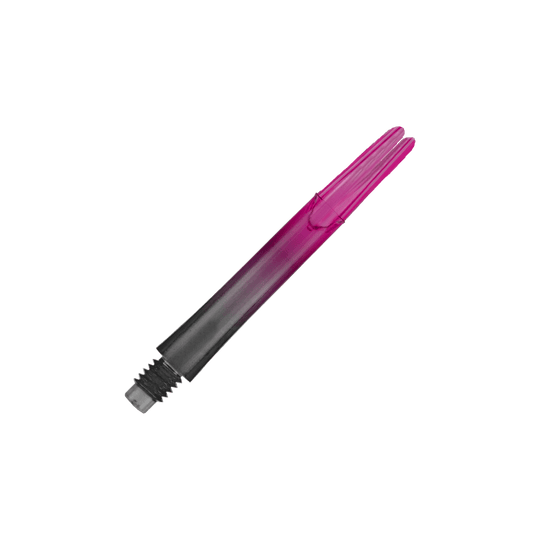 Das Bild zeigt einen zweiteiligen Dart-Schaft in den Farben Schwarz und Pink. Der Schaft hat ein Schraubgewinde auf einer Seite und ist gerade geformt.