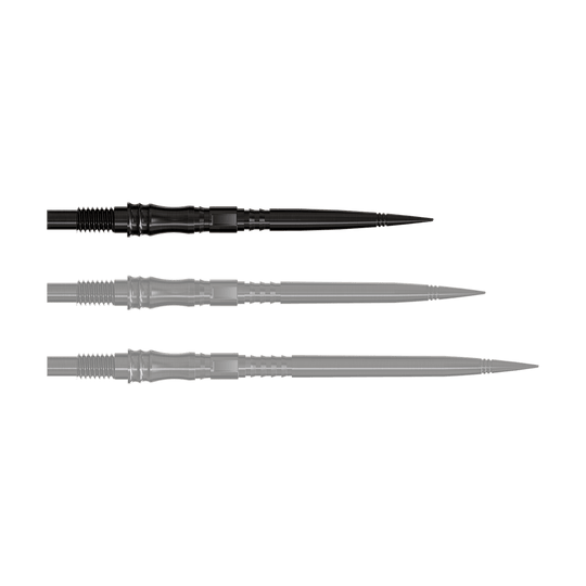 Apex Axis Black Elite Serie Dartspitzen in 30mm werden gezeigt. Die Spitzen sind schmal und schwarz.