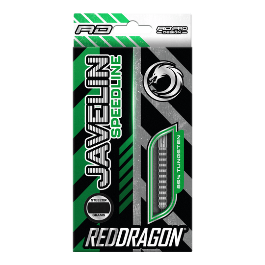 Red Dragon Javelin Speedline steel darts Die Abbildung zeigt die Verpackung der "Red Dragon Javelin Speedline Steeldarts". Die Packung ist grün, schwarz und silber, mit einem Sichtfenster für die Darts und auffälligem Drachen-Logo.