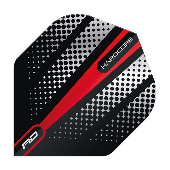Das Bild zeigt ein Dart Flight mit einem modernen Design in Schwarz, Rot und Silber. Auf dem Flight stehen die Wörter "HARDCORE" und "RD".