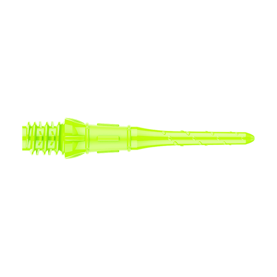 Das Bild zeigt eine neon-gelbe Dartspitze. Sie ist schmal, lang und hat ein geripptes Ende für den festen Halt im Dartbarrel.