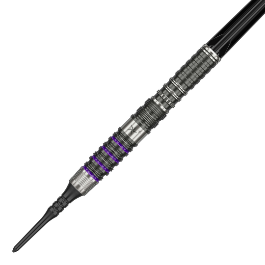 Target Japan Prime Series Yuta Hayashi Sirius GEN3 MAX Soft Darts - 21.5g Dies ist ein Softdart aus der Target Japan Prime Series, Modell Yuta Hayashi Sirius GEN3 MAX mit 21,5g. Er besitzt ein silbernes Design mit feinen Rillen und lilafarbenen Akzenten.