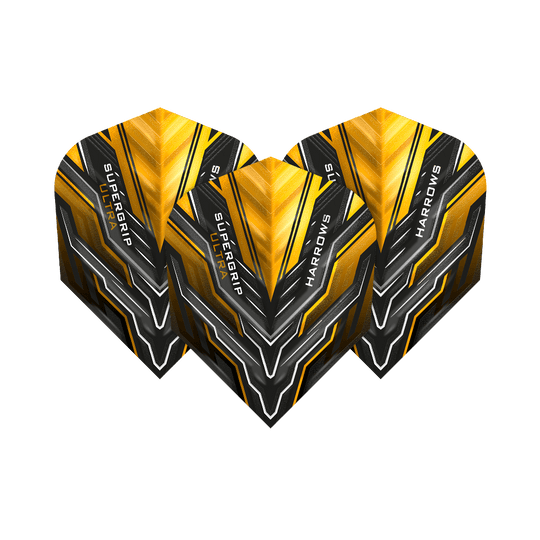 Das Bild zeigt drei Dart-Flights mit dem Namen „Harrows Supergrip Ultra Sunset Gold Standard Flights“. Die Flights haben ein auffälliges Design in Gold, Schwarz und Silber mit grafischen Mustern und Schriftzügen.