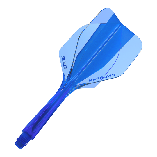 Das Bild zeigt das Harrows Solo No6 Flight-Shaft-System in Blau. Es ist ein Ersatzteil für Dartpfeile.