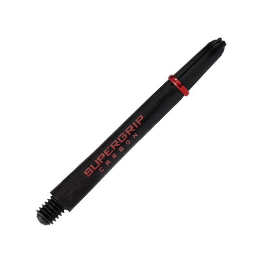 Das Bild zeigt einen Harrows Supergrip Carbon Shaft in Rot. Die Beschriftung "SUPERGRIP CARBON" ist deutlich auf dem schwarzen Schaft zu sehen.