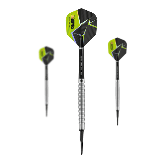 Harrows Shard Soft Darts Das Bild zeigt drei Harrows Shard Softdarts mit silbernen Schäften und schwarzen Flights. Die Flights haben ein modernes Design mit gelben und grünen Akzenten.