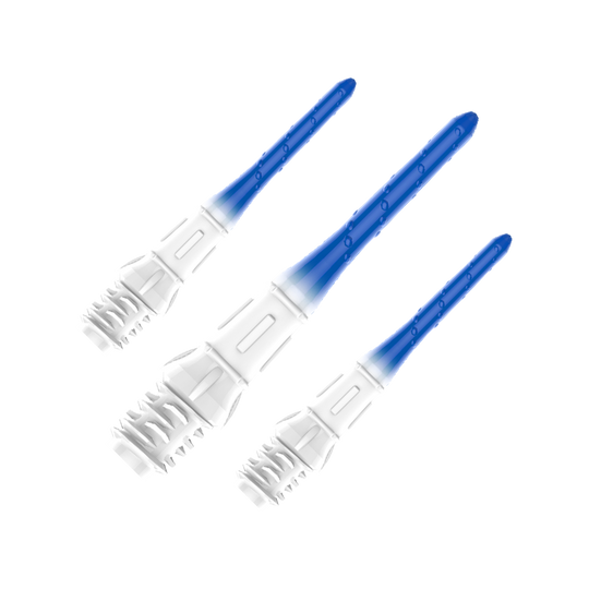 L-Style Premium Lippoint Gradiation Dart Tips (Pack of 30) Das Bild zeigt vier Dartspitzen mit einem Farbverlauf von Weiß zu Blau. Sie sind ordentlich in einer Kunststoffhalterung angeordnet.