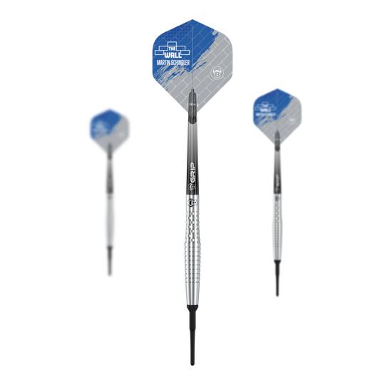 Bulls Martin Schindler Original Generation 2 soft darts Das Bild zeigt drei Softdarts aus der Serie "Bulls Martin Schindler Original Generation 2". Die Darts haben silberne, gerillte Barrels und Flights mit blau-grauem Design.