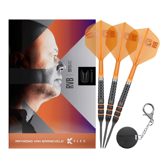 Das Bild zeigt die vollständigen Target Raymond Van Barneveld 95K Swiss Points Steeldarts. Dieses Modell richtet sich an ambitionierte Dartspieler.