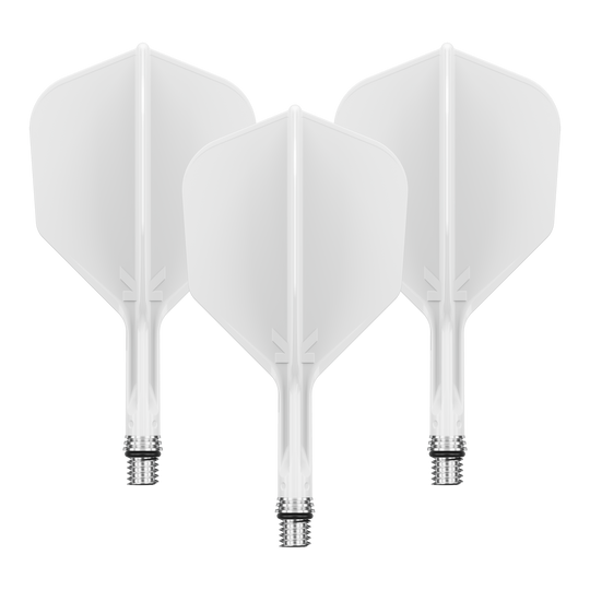 Target K-Shift No6 Flights - White Zu sehen ist ein Flight-Set namens 410540_Target_KShift_No6_Flights_Wei_19mm_1Set. Mehrere weiße Flights sind gemeinsam präsentiert.