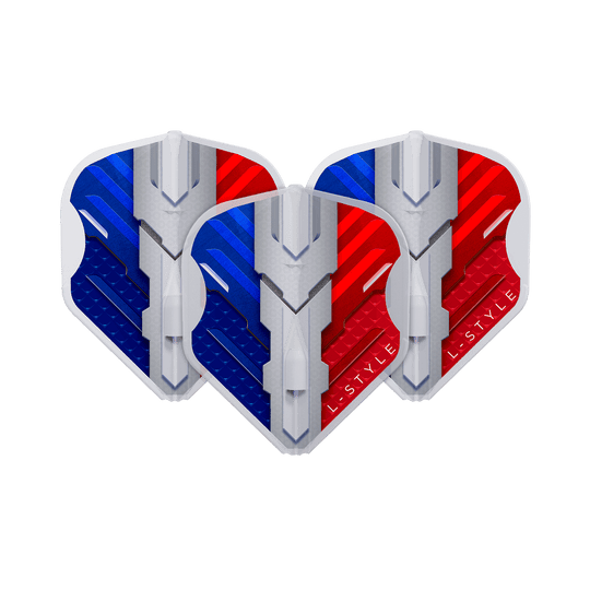 Das Bild zeigt drei Dartflights in den Farben Blau, Weiß und Rot, die die französische Flagge darstellen. Auf den Flights steht der Markenname "L-Style" und sie haben ein modernes, technisches Design.