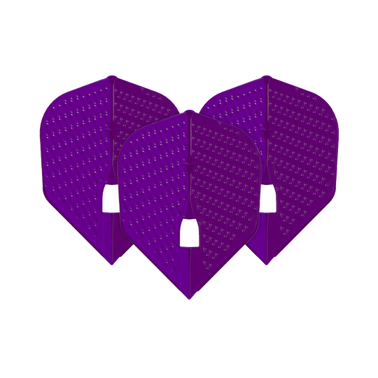 L-Style Flights Dimple Champagne L3PRO Shape Das Bild zeigt drei lila Dart-Flights in einem speziellen Shape-Design mit kleinen Dellen. Es handelt sich um das Produkt "L-Style Flights Dimple Champagne L3PRO Shape".