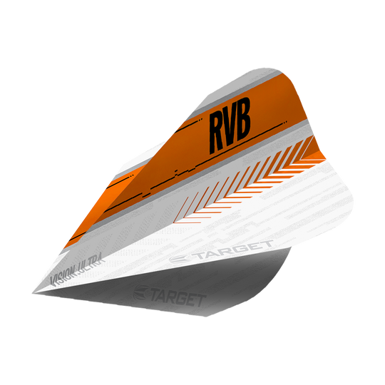 TG59_332040_Target_Vision_Ultra_RvB_Orange_Vapor_Flights_2 Das Bild zeigt ein Dart-Flight mit dem Namen "Target Vision Ultra RvB Orange Vapor Flights". Das Flight ist hauptsächlich weiß und orange, mit schwarzen Buchstaben "RVB" und dekorativen Mustern.