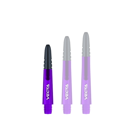 Winmau Vecta Shafts - Purple Black Das Bild zeigt drei lilafarbene Dartschäfte mit schwarzen Spitzen. Auf jedem Schaft steht das Wort "VECTA" in weißer Schrift.