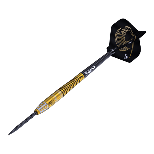 Bulls Stingray ST3 Steeldarts Das Bild zeigt einen Steeldart aus der Bulls Stingray ST3 Serie. Der Dart hat einen goldfarbenen Schaft mit schwarzen Ringen und eine schwarze Flügelspitze mit goldener Verzierung.